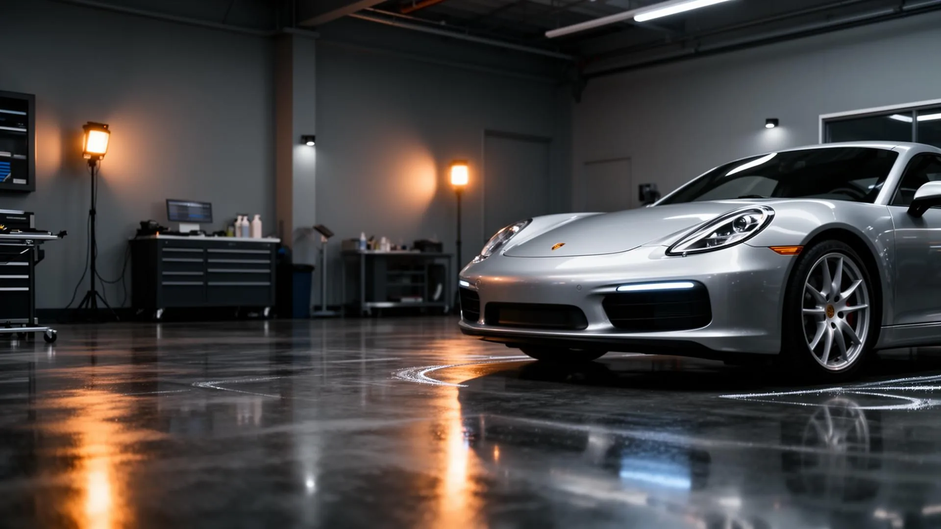Premium automotive detailing studio with luxury vehicle under controlled lighting